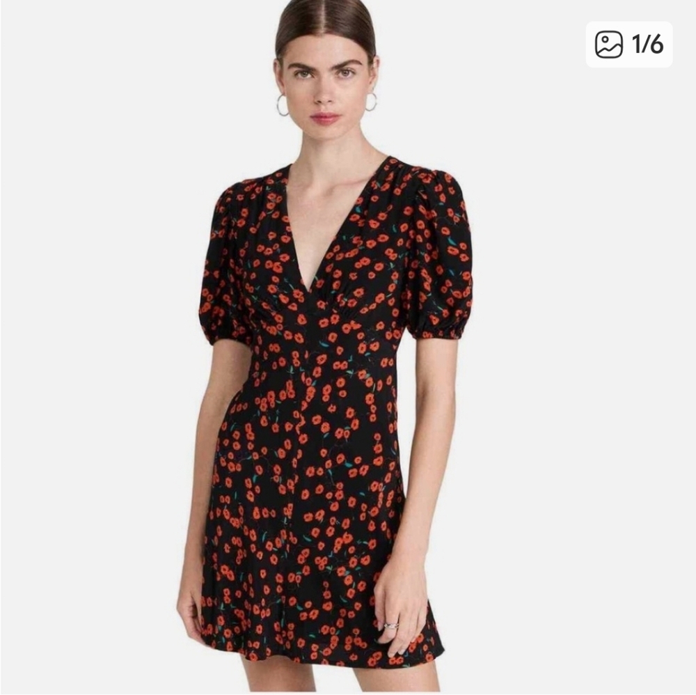 STAUD Black Mini Dress with Red Floral Print
